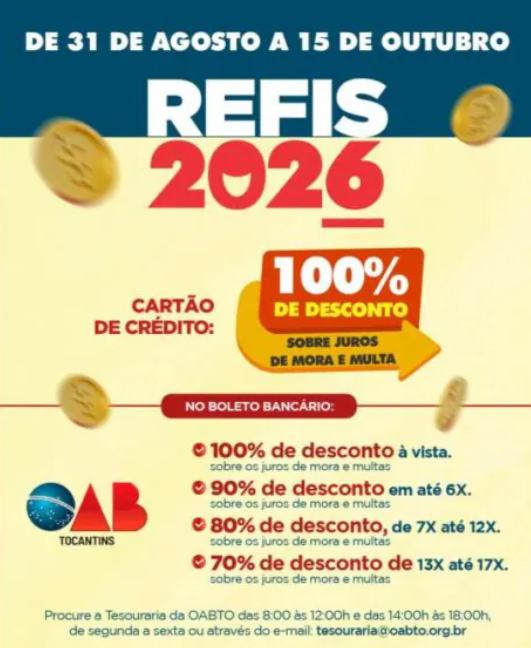 OAB Tocantins abre REFIS com até 100% de desconto em juros e multas e permite negociar dívidas em até 17 parcelas